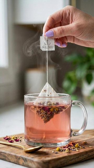 Aligned Herbals organic herbal tea pyramid bag steeping in a glass mug with dried flowers and herbs on a wooden board