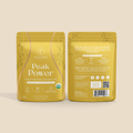 Front and back packaging of Aligned Herbals Peak Power ovulation phase wellness tea showing organic ingredients including maca root rose petals red clover and ginger root