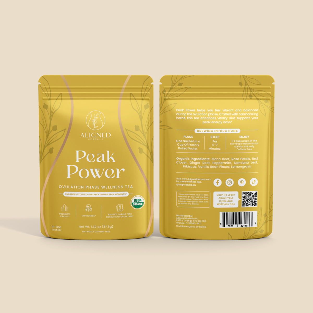 Front and back packaging of Aligned Herbals Peak Power ovulation phase wellness tea showing organic ingredients including maca root rose petals red clover and ginger root