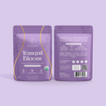 Front and back packaging of Aligned Herbals Tranquil Bloom luteal phase wellness tea showing organic ingredients including chasteberry chamomile lavender and lemon balm
