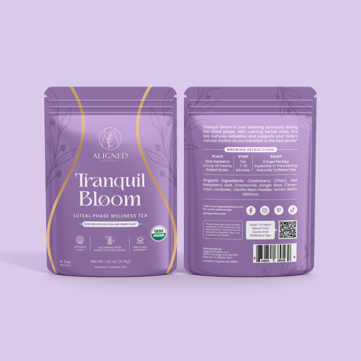 Front and back packaging of Aligned Herbals Tranquil Bloom luteal phase wellness tea showing organic ingredients including chasteberry chamomile lavender and lemon balm