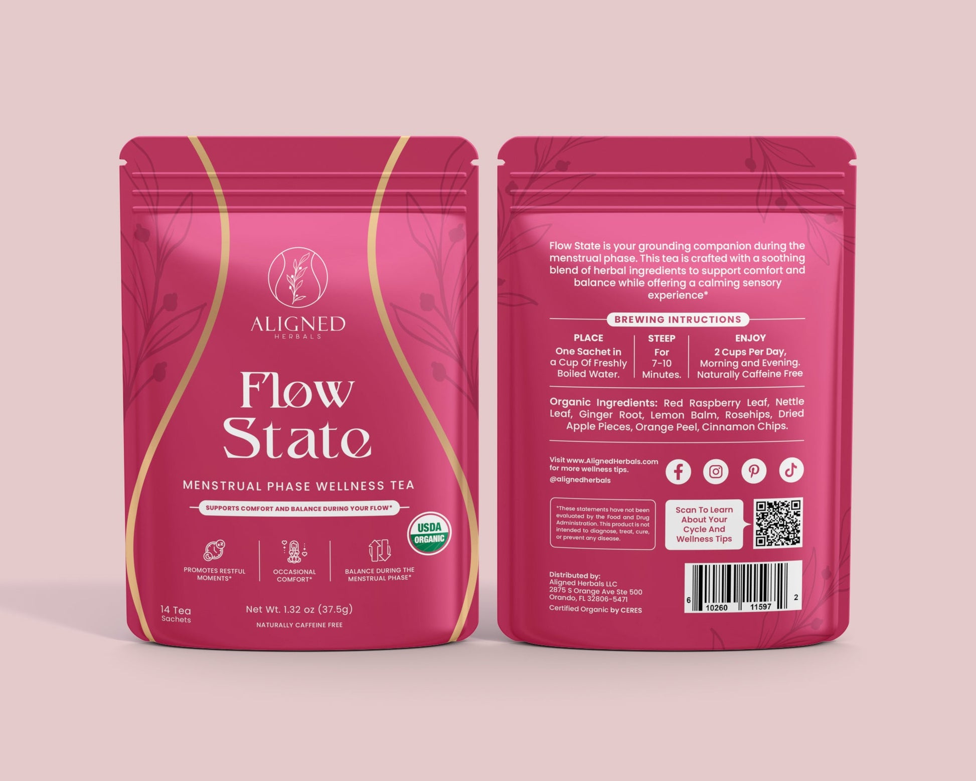 Side-by-side view of Flow State tea packaging, front and back.